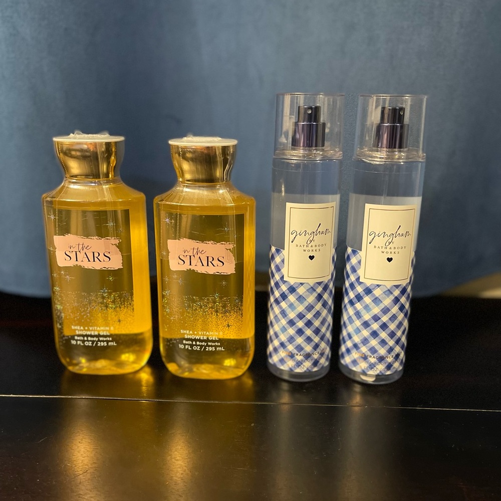 Two Bath & Body Works Gingham sprays and two In The Stars shower gels